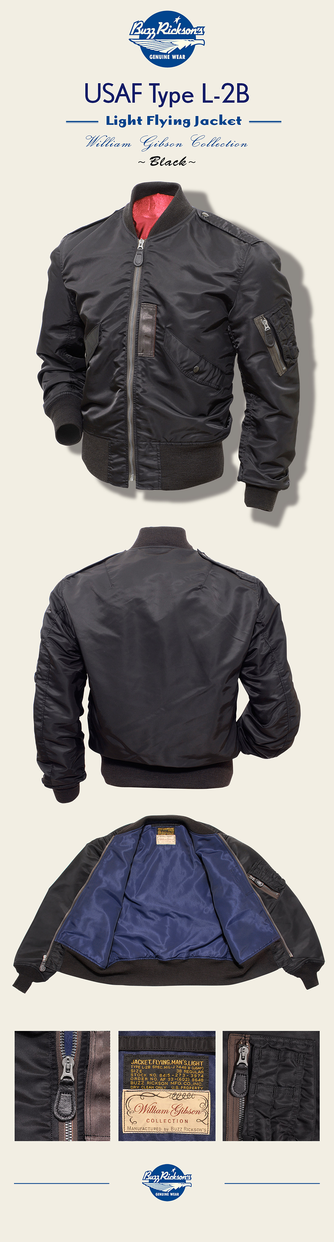 Buzz Rickson William Gibson L-2B Flight Jacket Black | History