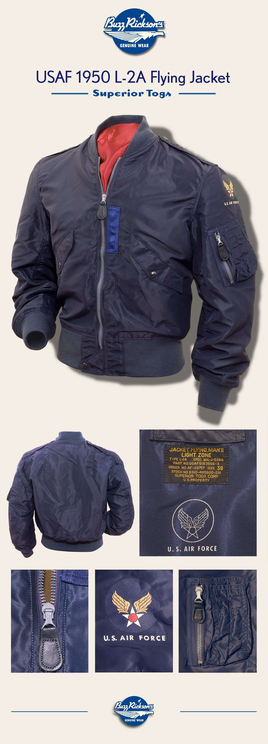 Buzz Rickson USAF L-2A Flying Jacket BR12984 | History Preservation