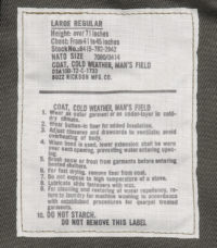 Buzz Rickson U. S. Army M-65 Field Jacket, 3rd Model BR14344 label